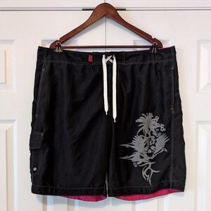 Y2K Vintage Men’s Board Shorts Skull Pink and Black Lace Up Swim Trunks Size XL